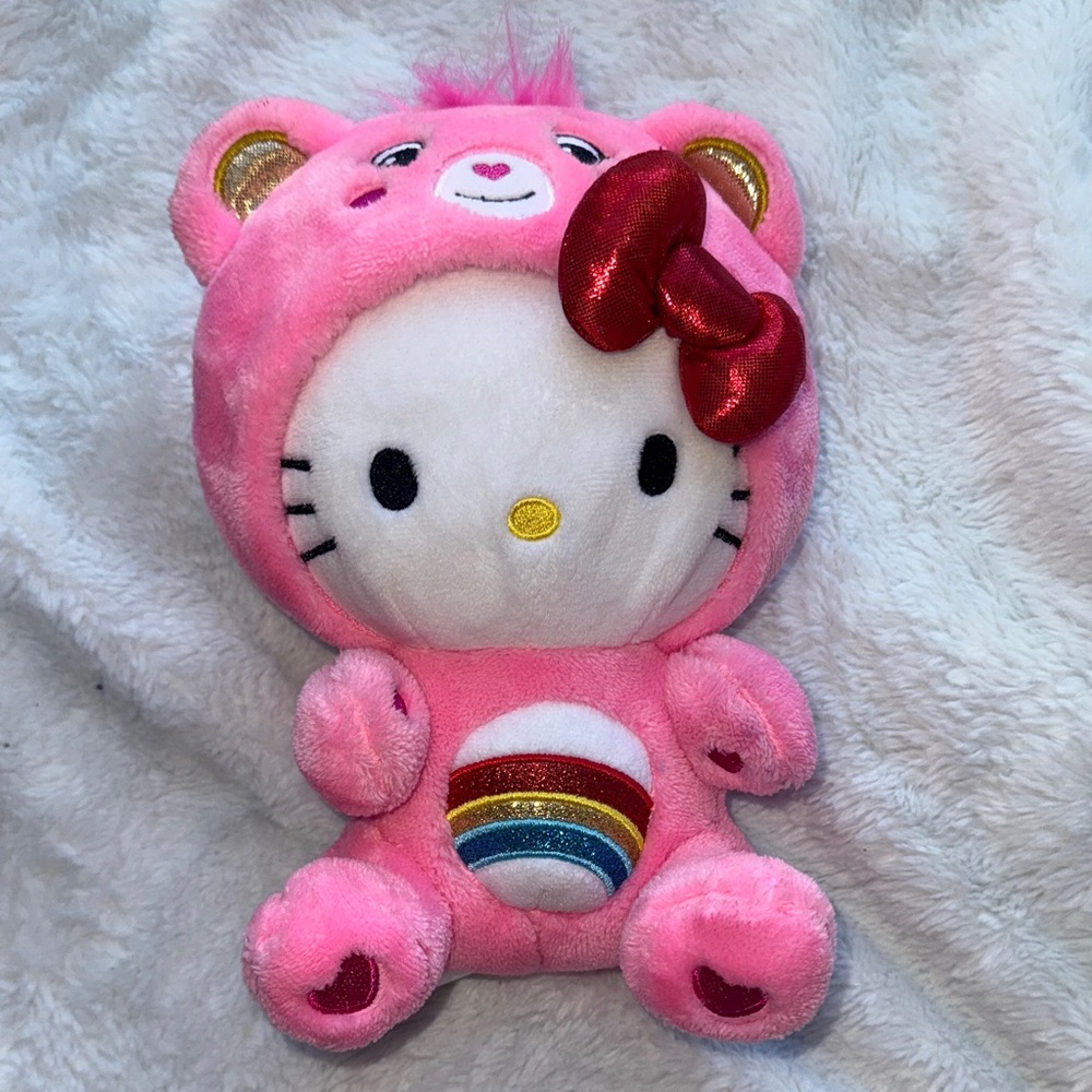 HELLO KITTY CHEER CARE BEAR Collab Pink Rainbow Stuffed Animal 10 Inch Plushie